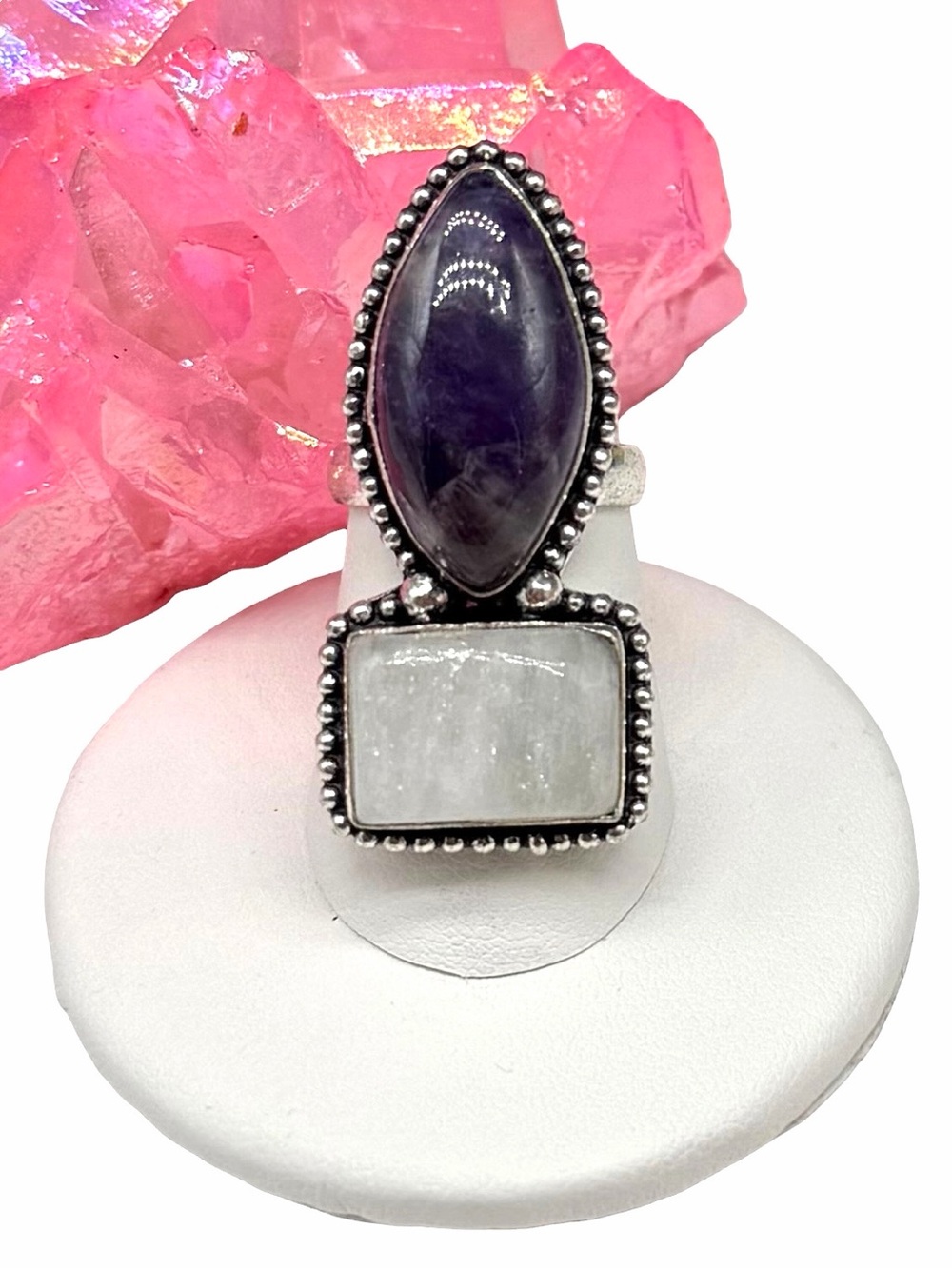 Amethyst & Rainbow Moonstone Ring Size 6 925 Sterling Silver Overlay